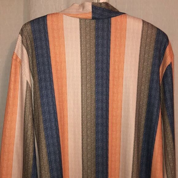 XL Colored Vertical Striped Ribbed Waterfall Open Long Sleeve Cardigan Duster - Picture 4 of 10